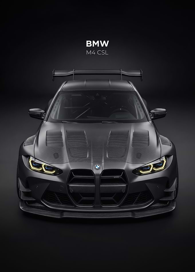 A dark bmw m4 csl sleek Front View car poster