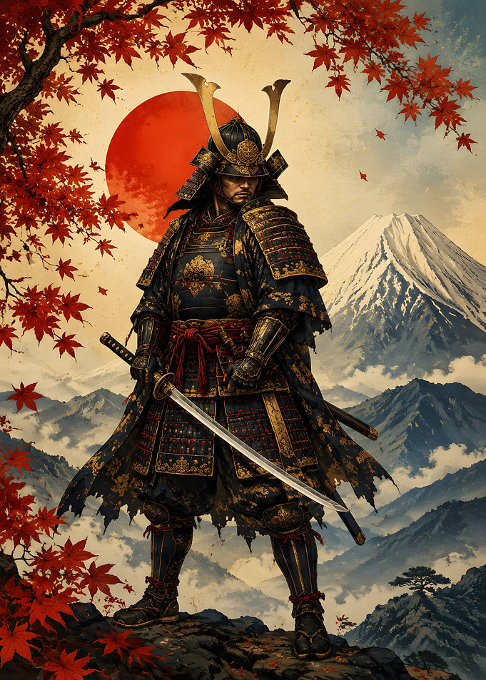 Samurai Warrior with Mount Fuji