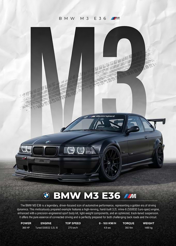 A striking bmw m3 e36 black car Poster