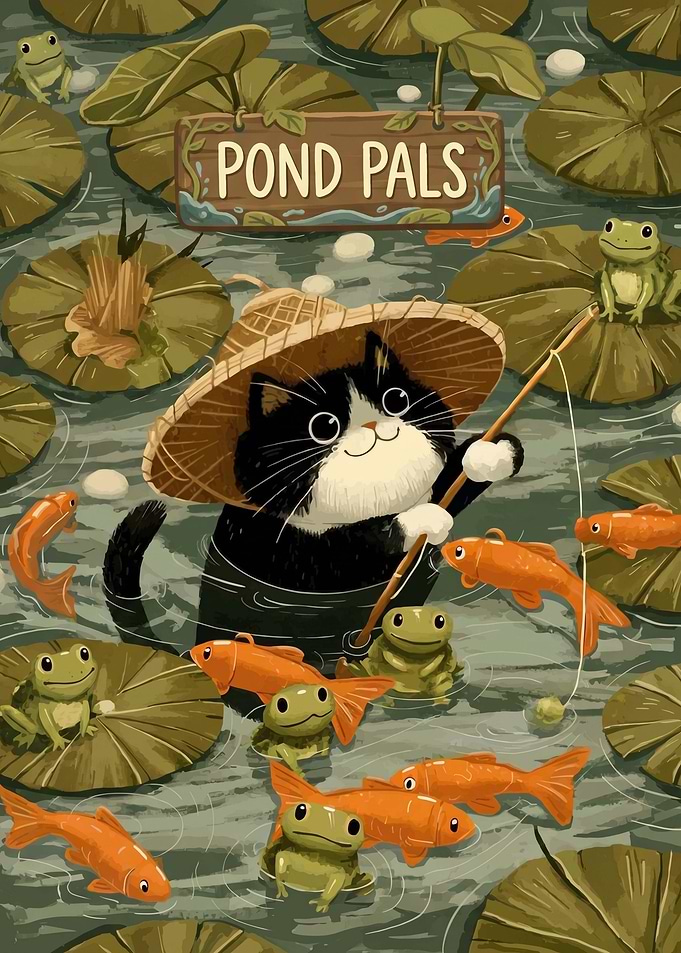Cat Fishing with Frogs and Koi