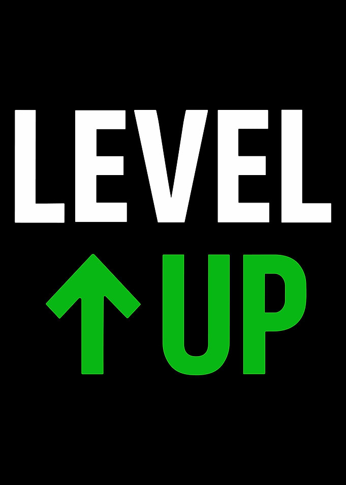 LEVEL UP Minimalist Gaming Poster Progress Achievement Wall Art Black Green Design