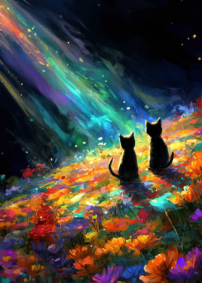 Two Black Cats in a Colorful Flower Field