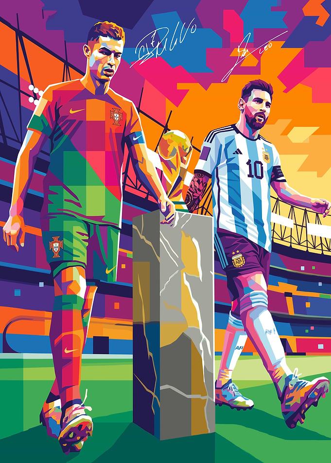 Ronaldo and Messi with World Cup Trophy