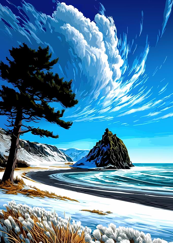 Winter Coastal Landscape with Rock Formation