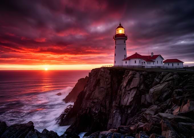 Lighthouse at sunset on a cliff