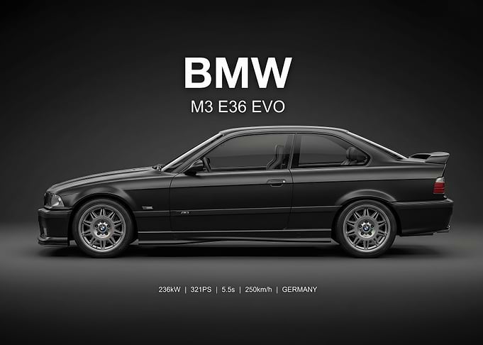 sleek black bmw m3 e36 EVO car poster