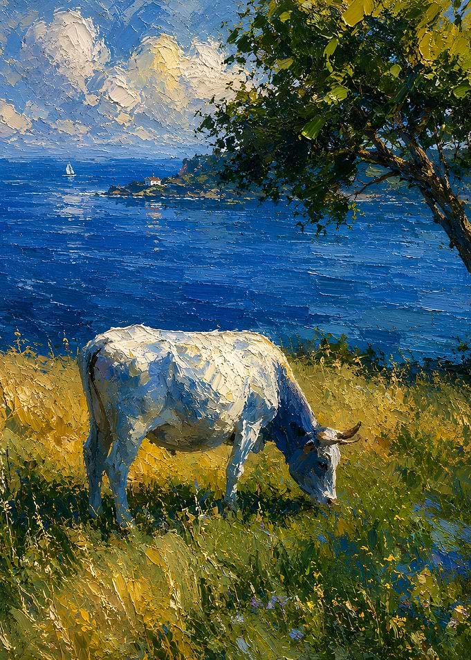 Cow grazing by the sea