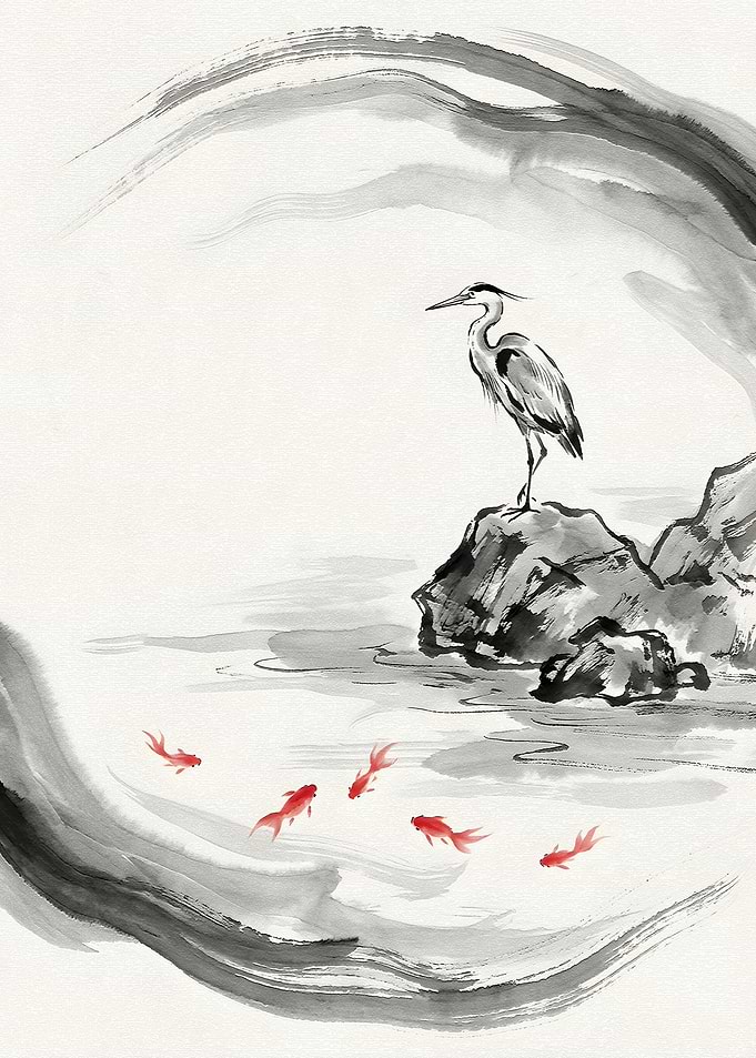 Heron and Koi Fish in Japanese Art