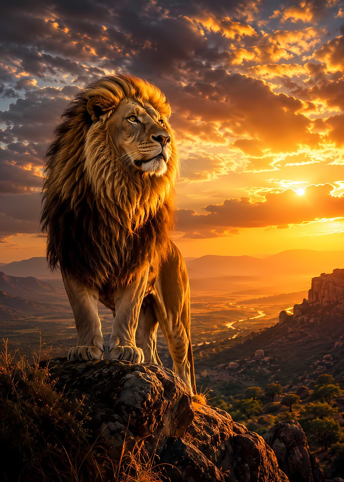 Majestic Lion on a Cliff at Sunset