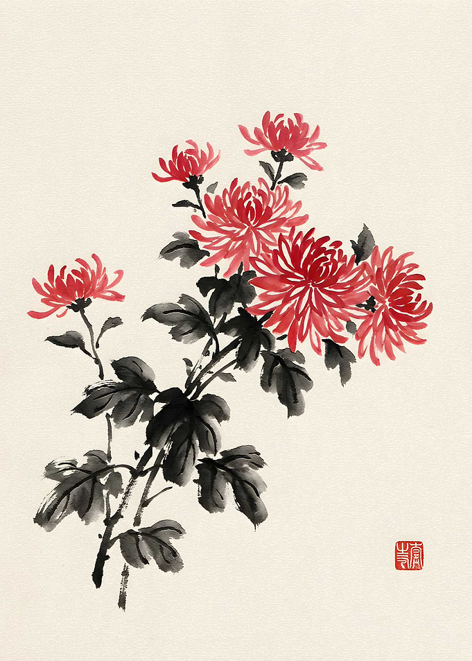 Red Chrysanthemums with Black Leaves