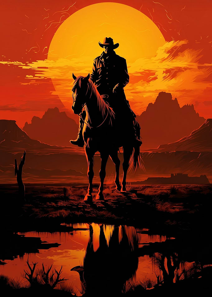 Cowboy on Horse at Sunset