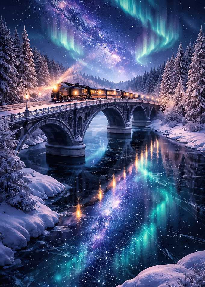 Train Crossing Bridge Under Aurora Borealis