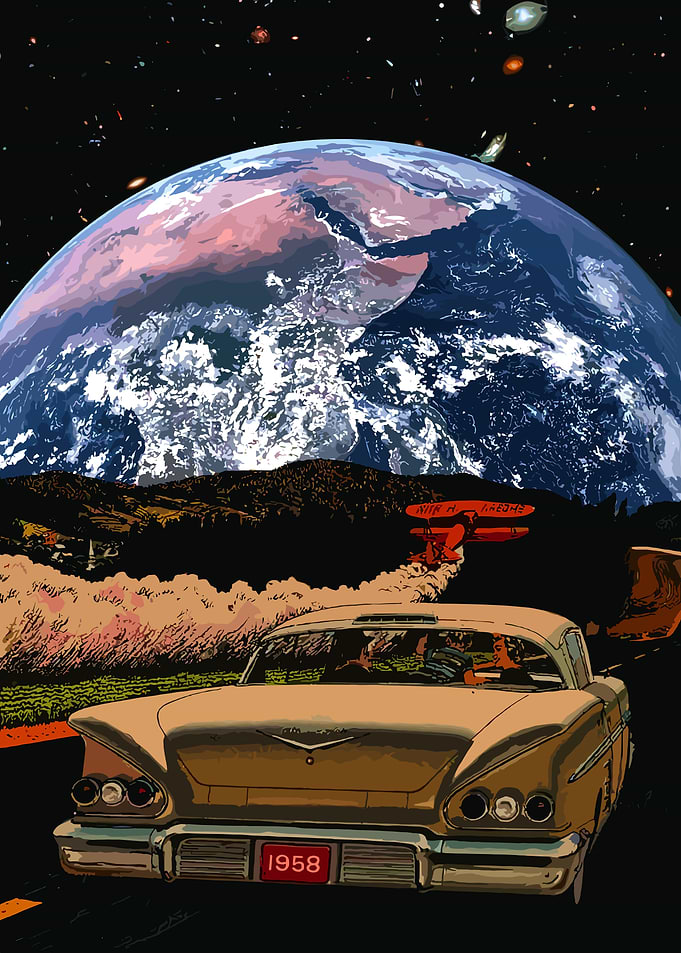 Retro Car Drives Towards Earth in Space