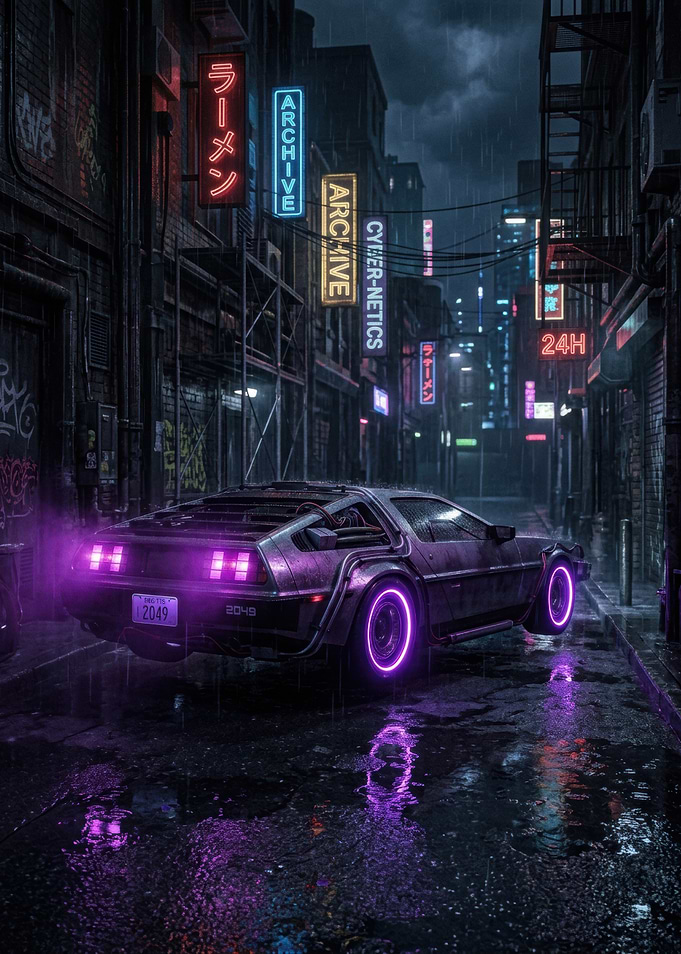 Cyberpunk DeLorean in Rainy City