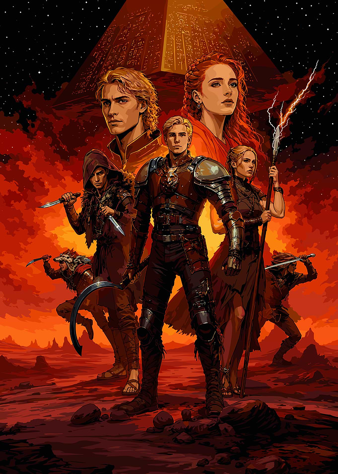 Red Rising Fantasy characters in a fiery landscape