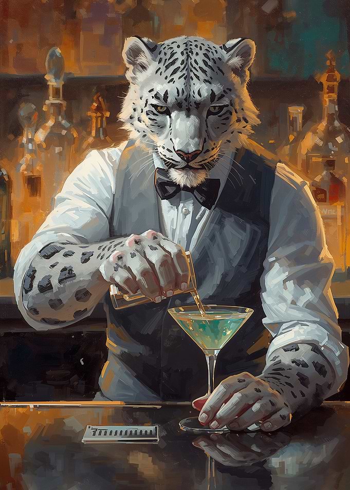 Snow Leopard Bartender Mixing Cocktail
