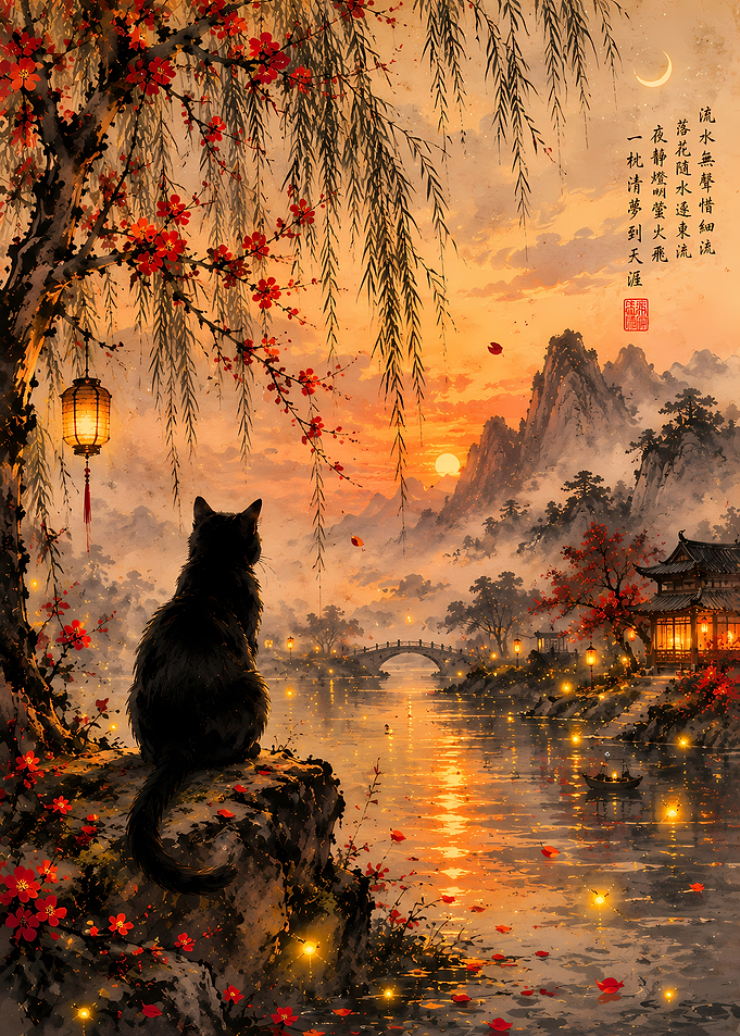 Black Cat Gazing at Sunset Landscape