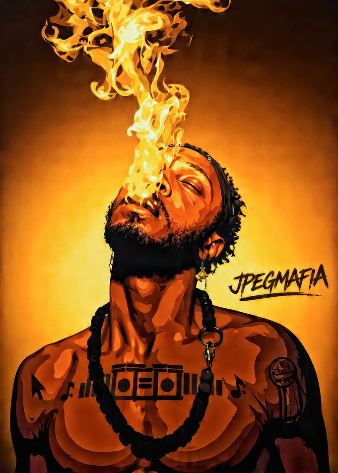 Man breathing fire with JPEGMAFIA text