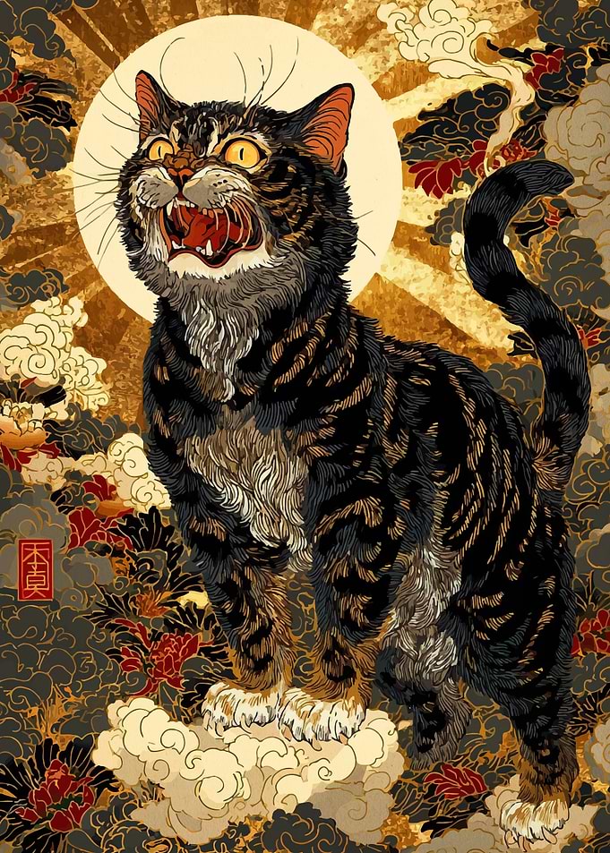 Fierce Cat with Sun and Clouds