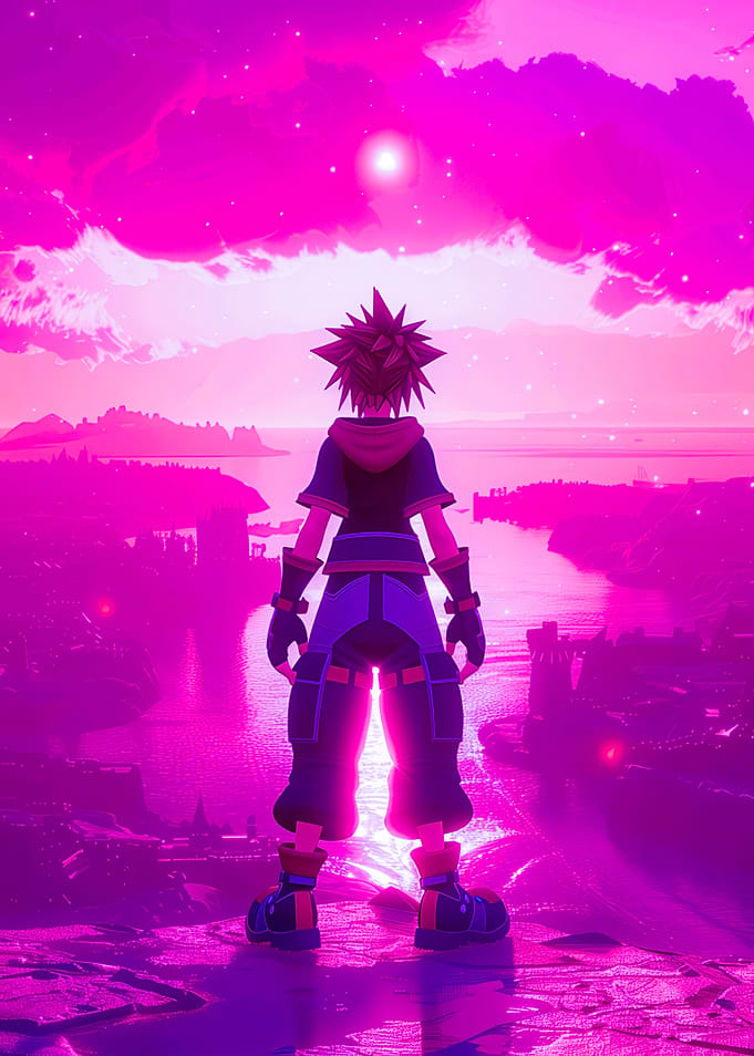 Sora overlooking a pink landscape