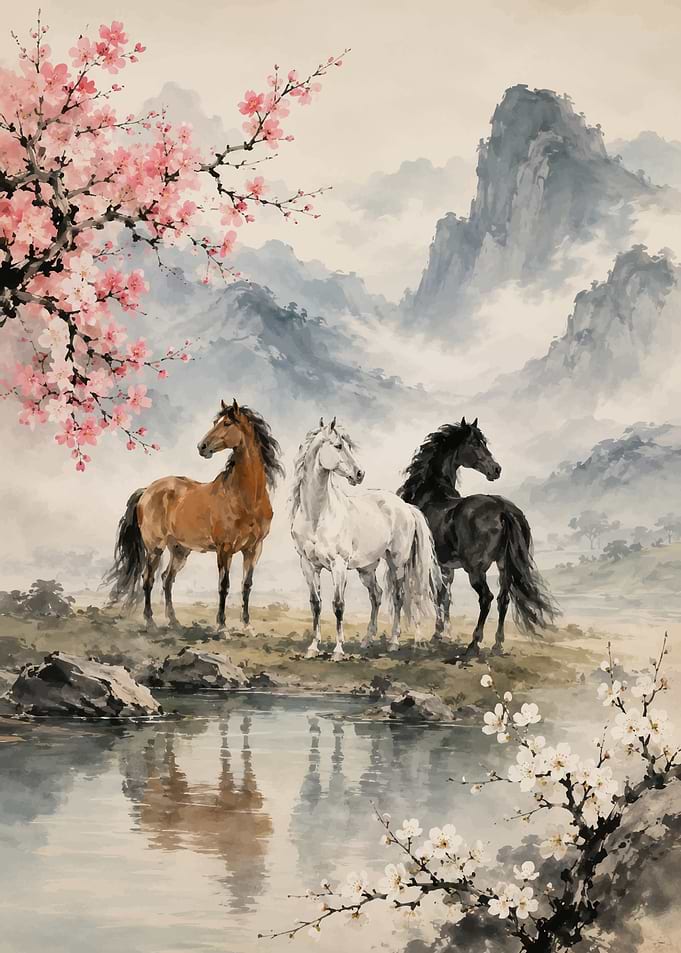 Three Horses by a Lake with Cherry Blossoms
