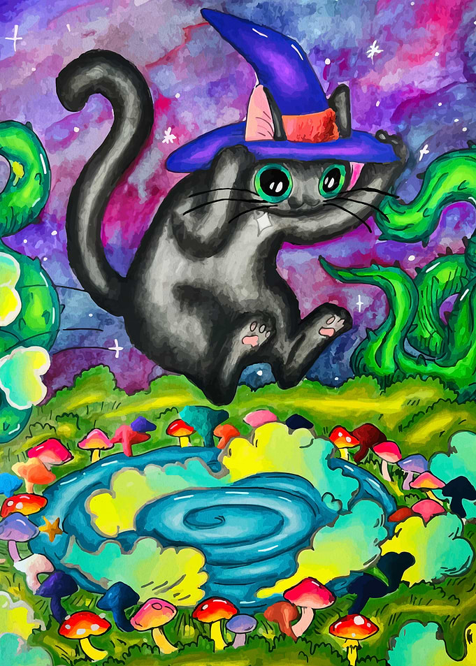 Whimsical Witch Cat in Magical Forest