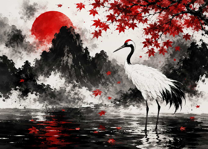 Red-crowned Crane and Japanese Maple