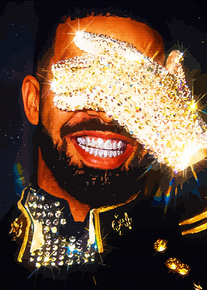 Man with diamond-covered hand over eyes