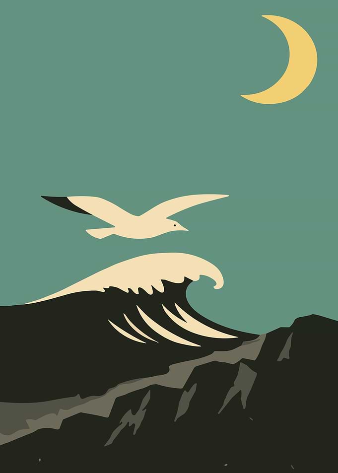 Moonlit Ocean Wave Poster Minimalist Coastal Wall Art Seagull Nightscape