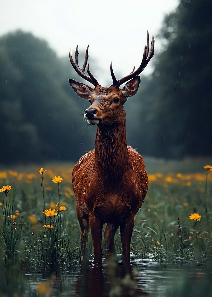 Majestic Deer in a Rainy Meadow