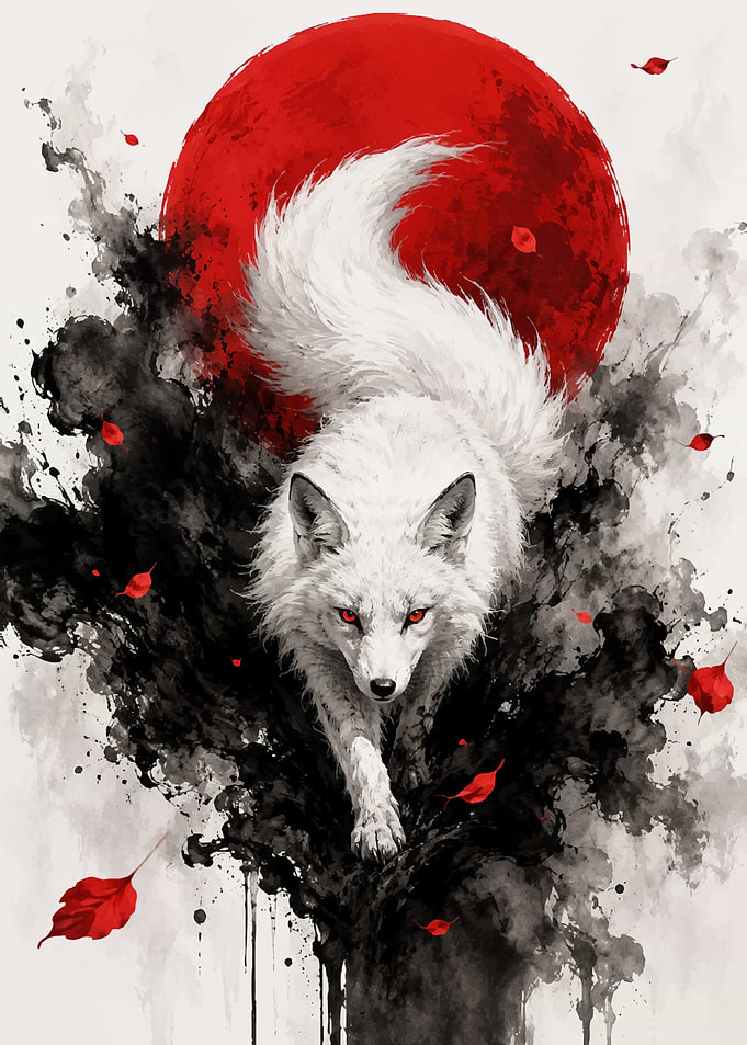 White Fox Under Red Moon