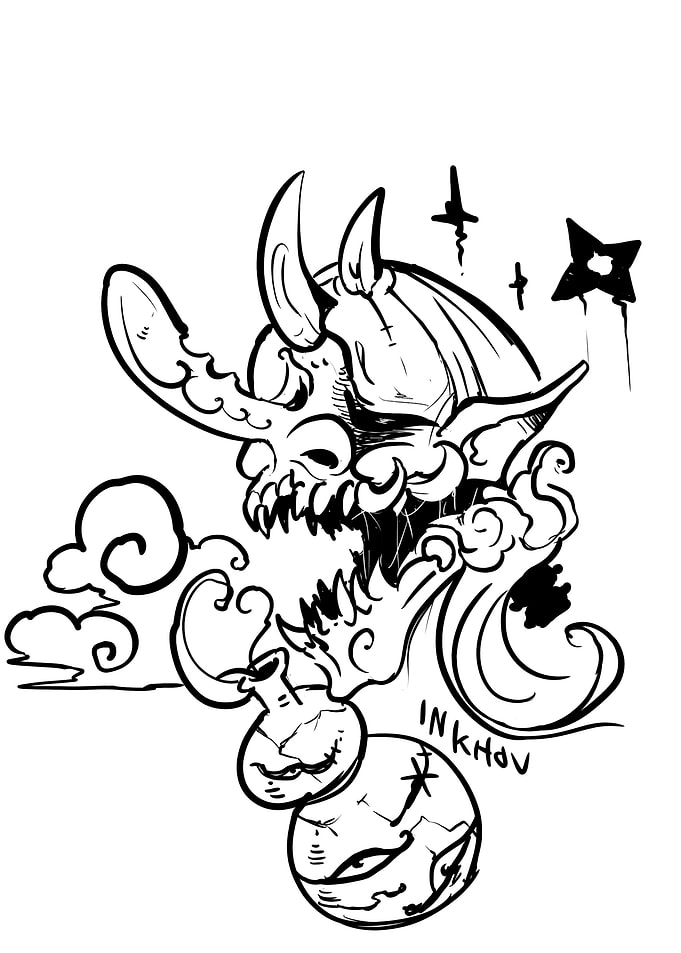 Demon Oni Mask with Potion Bottles
