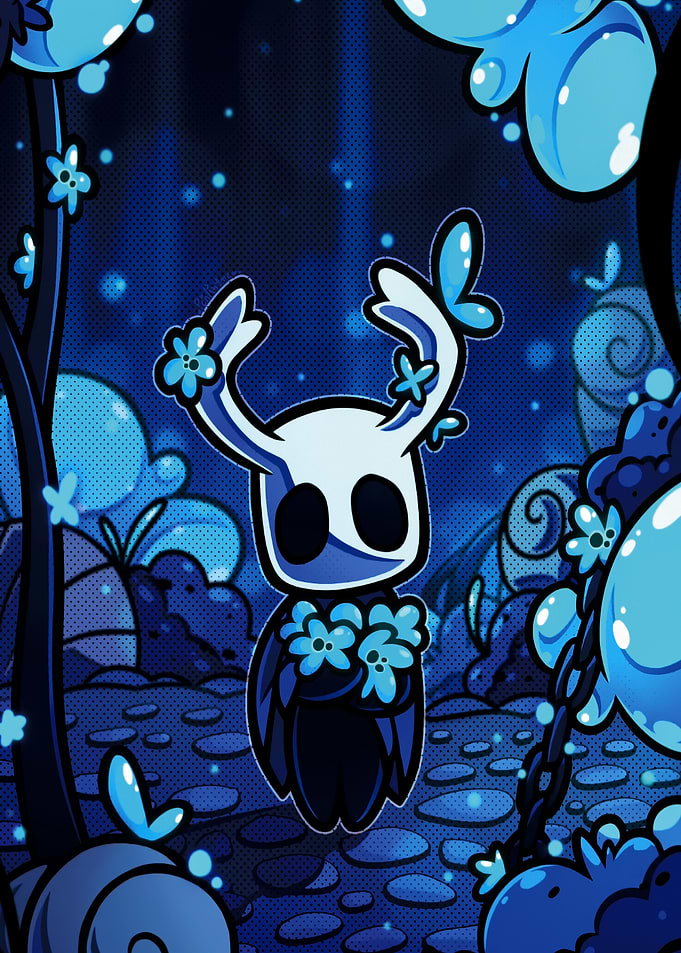 Hollow Knight Character with Blue Flowers