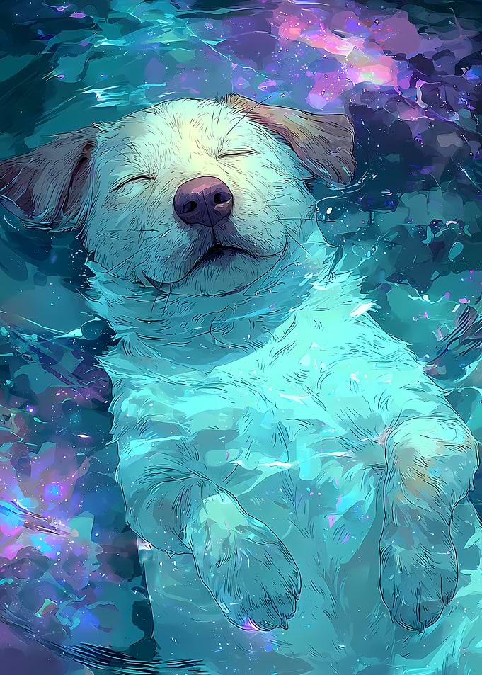 Dog floating and sleep in starry water Swim
