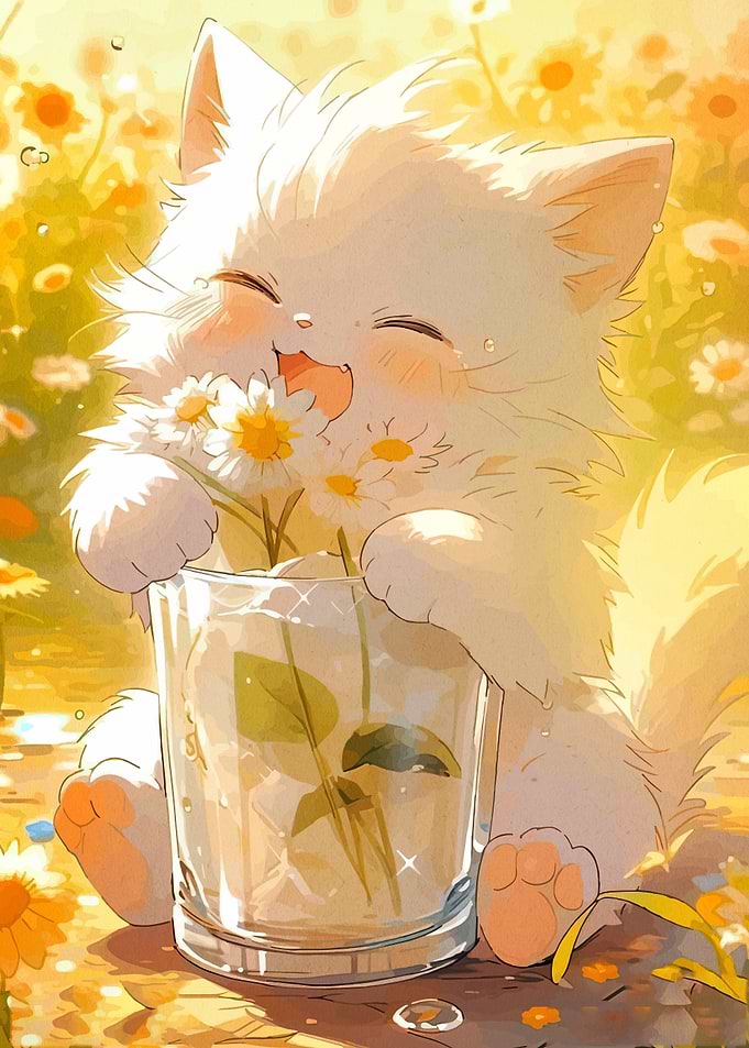 Cute Cat Enjoying Flowers