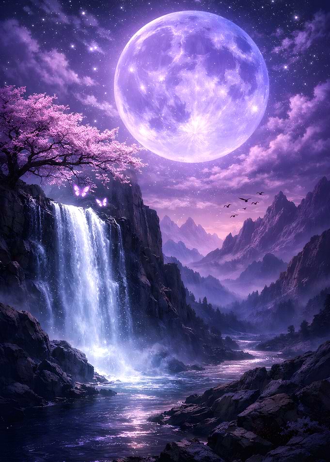 Enchanting Moonlit Waterfall Landscape