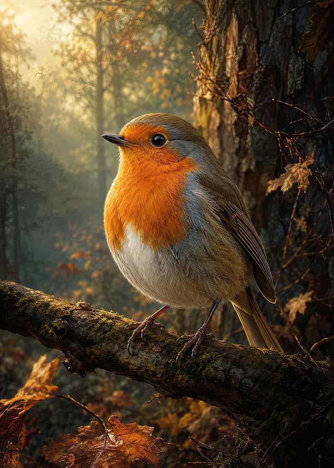 European Robin on a Mossy Branch