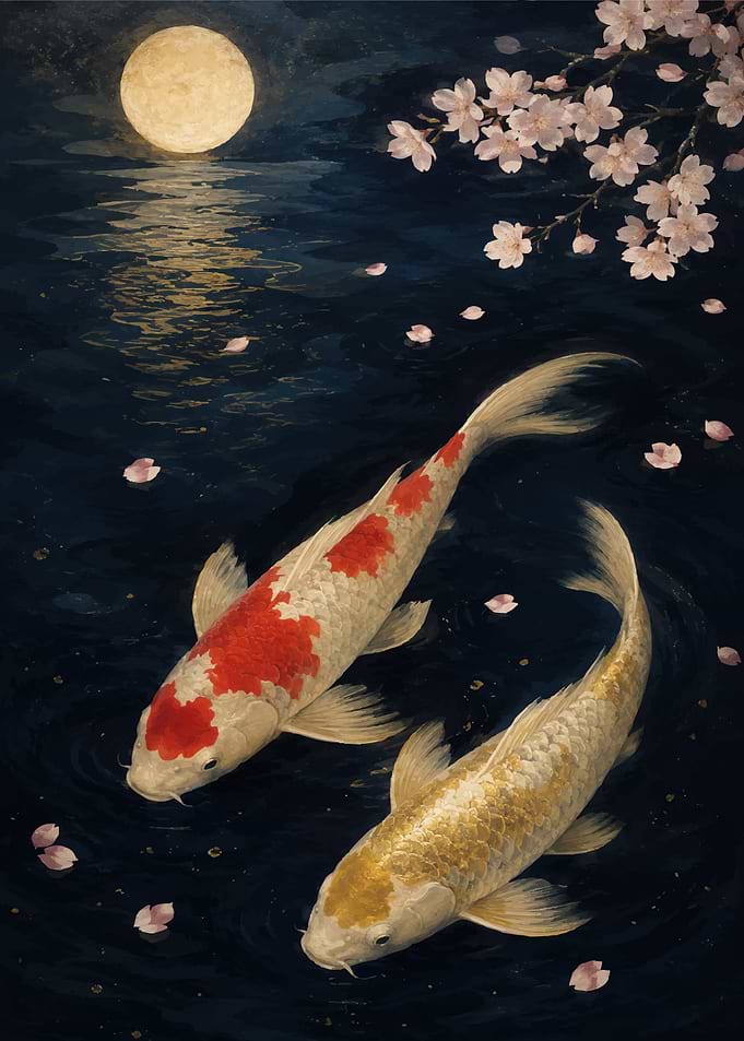 Koi Fish Under the Moon