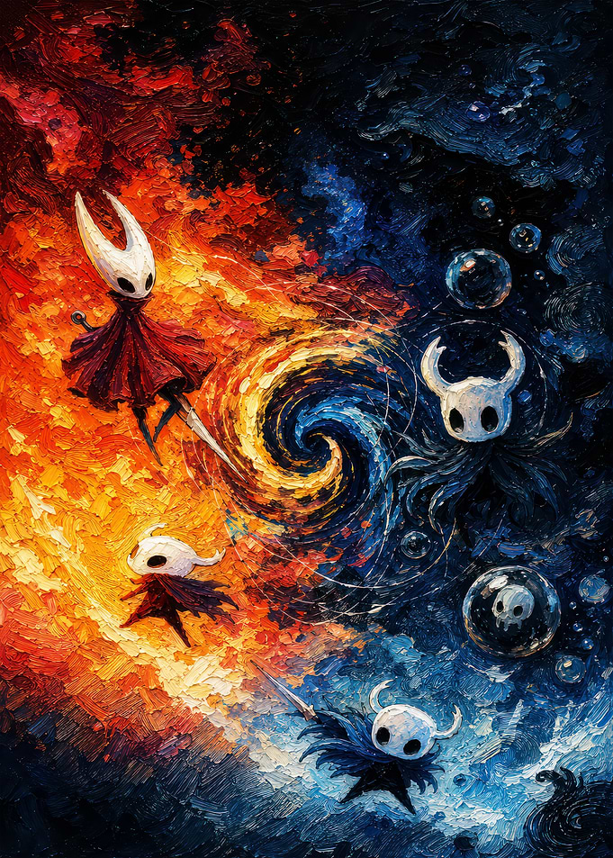 Hollow Knight Characters in Fiery and Icy Worlds