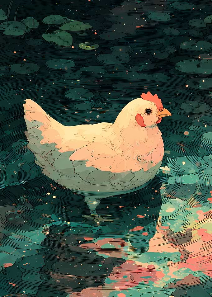 Chicken in the water Retro Painting