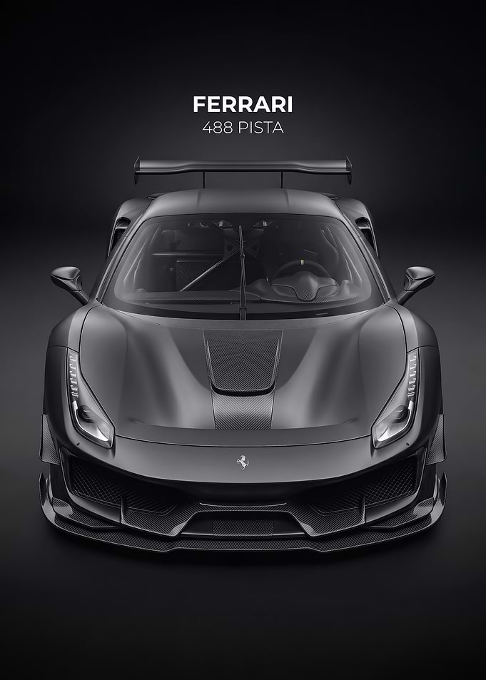 sleek black Ferrari 488 Pista Front View car poster