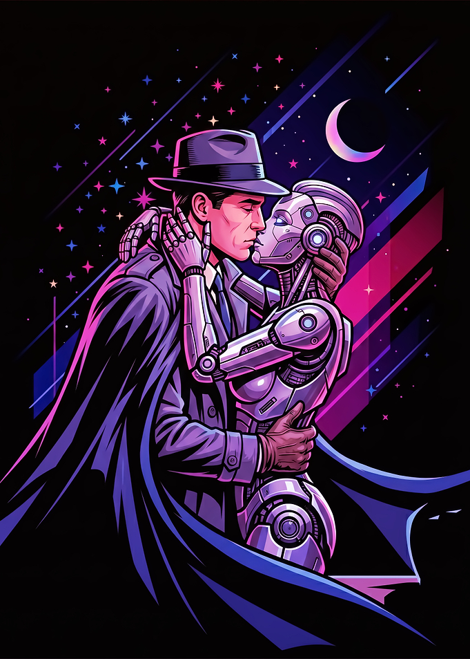 Man and Robot Kissing in Space