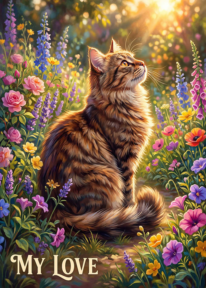 Cat in a Floral Garden