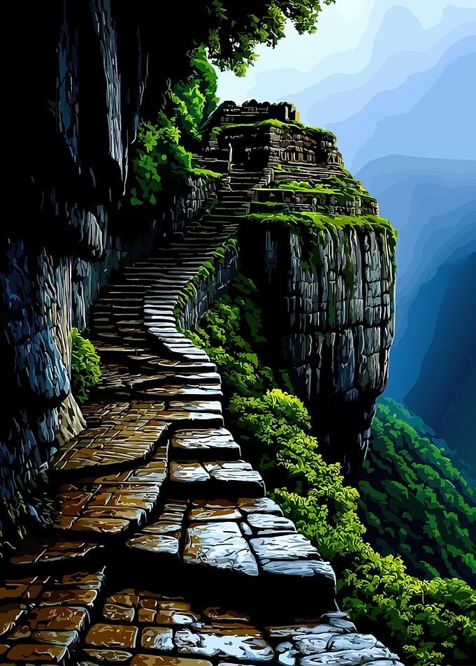 Ancient Stone Stairway to Mountain Ruins