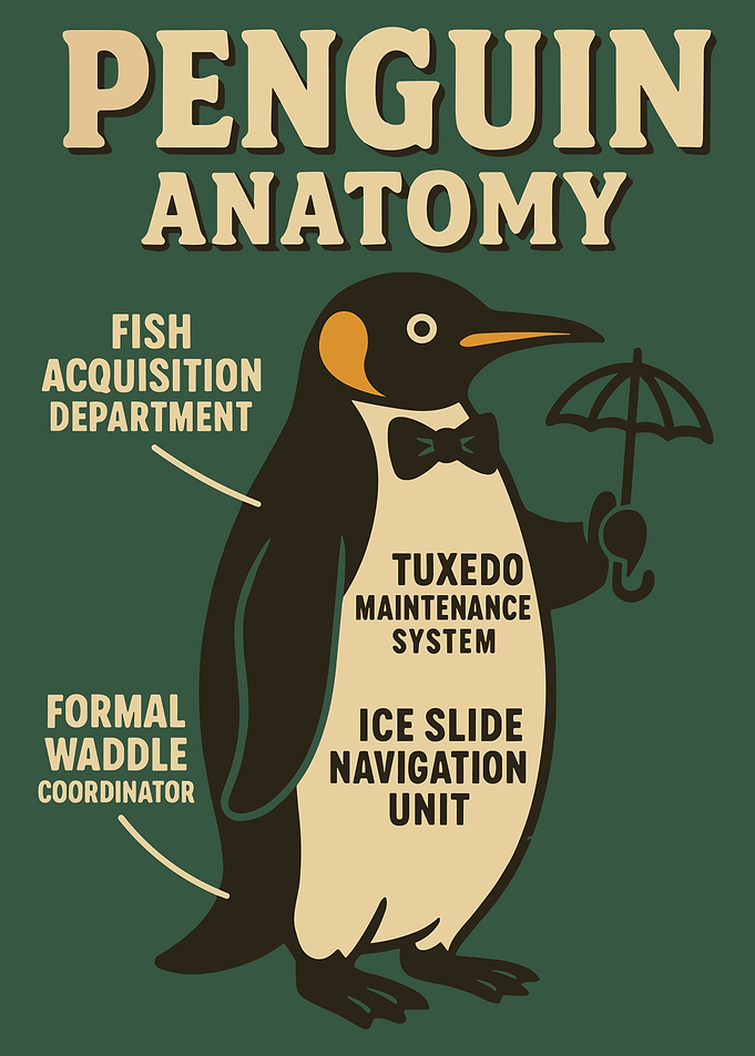Penguin Anatomy Poster Retro Funny Scientific Animal Illustration Wall Art