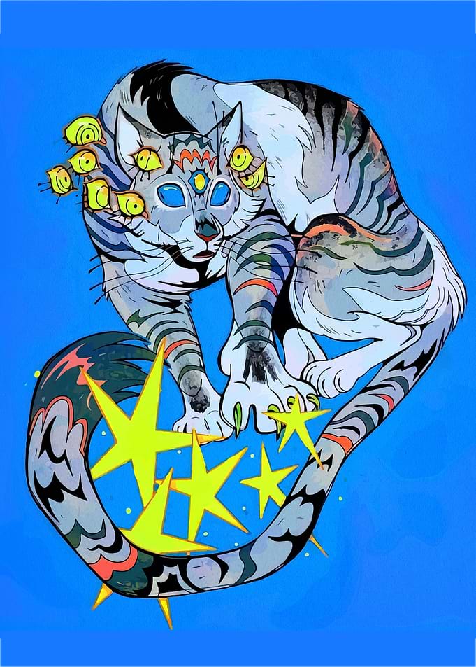 Surreal Cat with Multiple Eyes