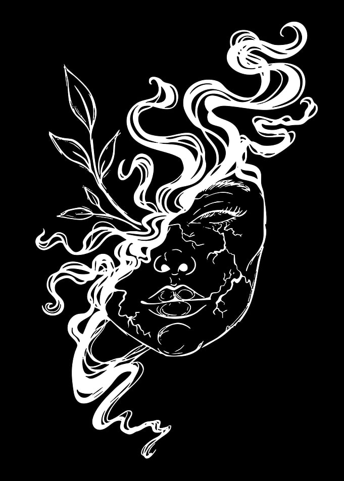 Mystical Face with Smoke and Leaves