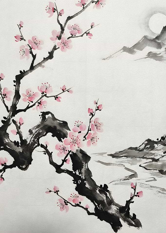 Cherry Blossoms and Mountains
