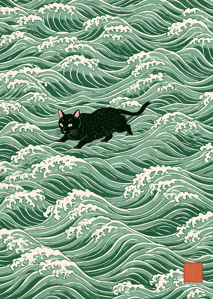 Black Cat in Japanese Waves