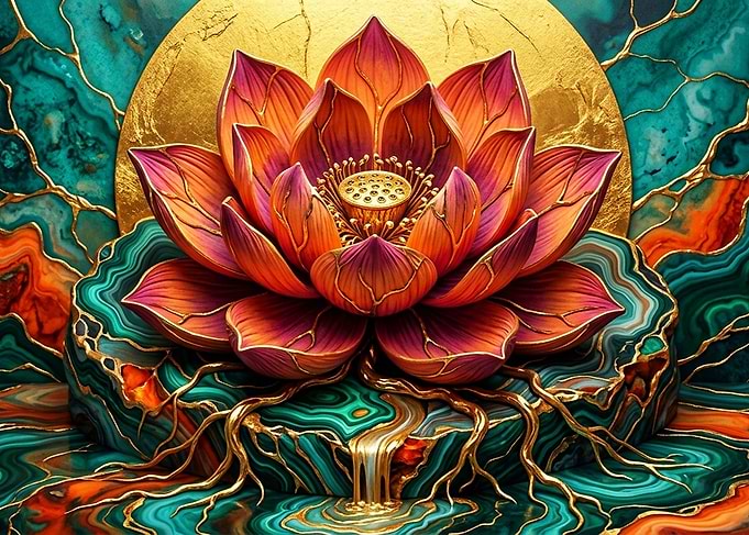 Golden Lotus with Malachite Background